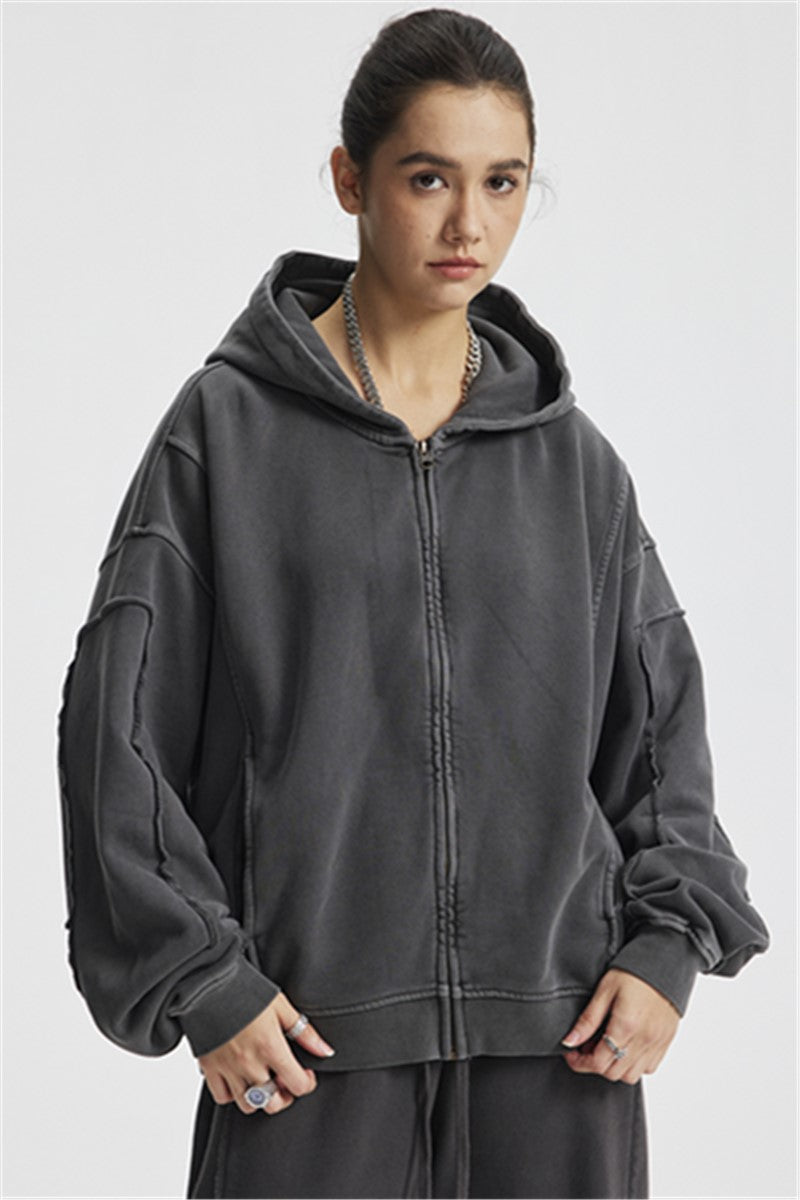 430GSM Boxy-Fit Washed Zip-Up Jacket with Spliced Detailing