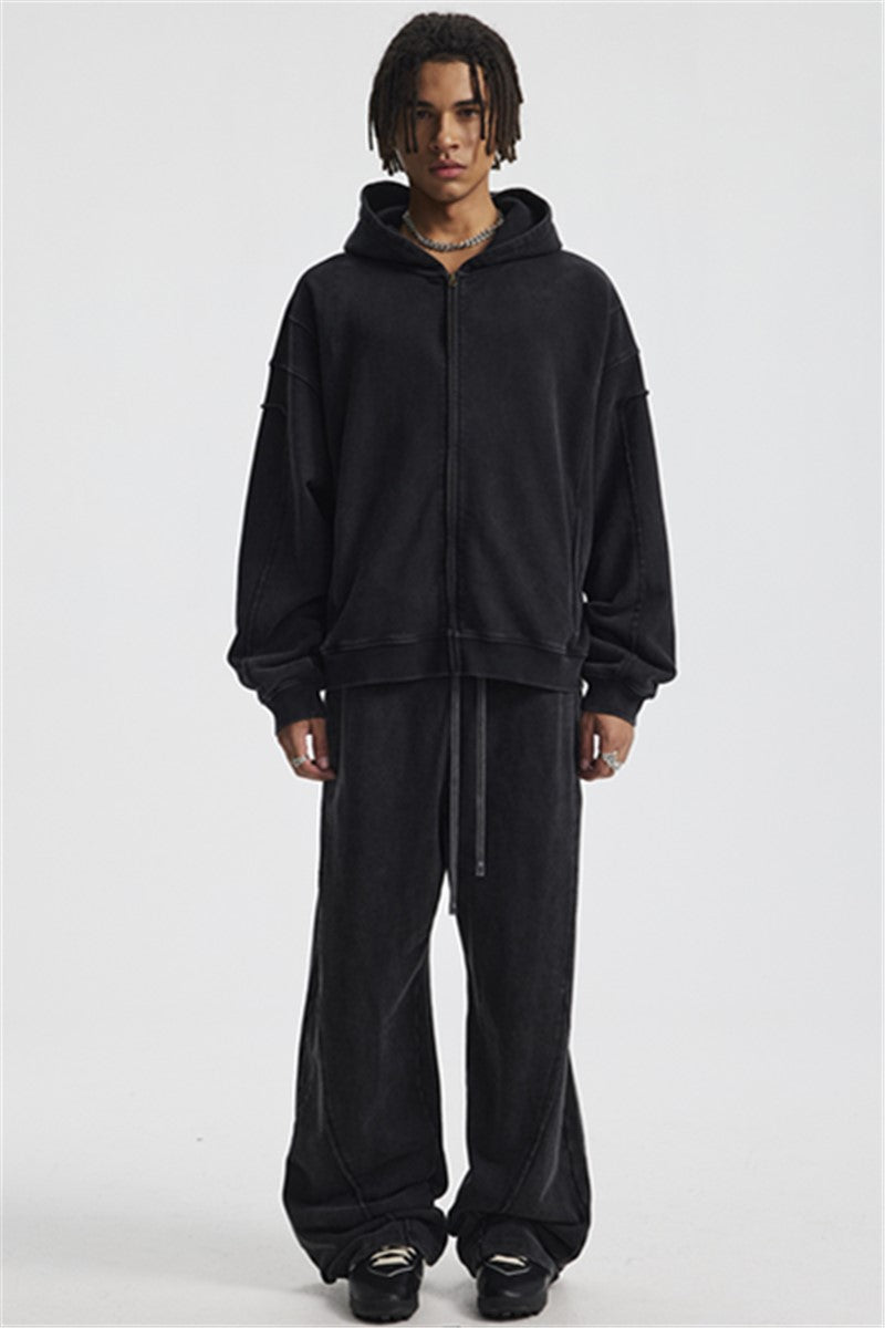 430GSM Boxy-Fit Washed Zip-Up Jacket with Spliced Detailing