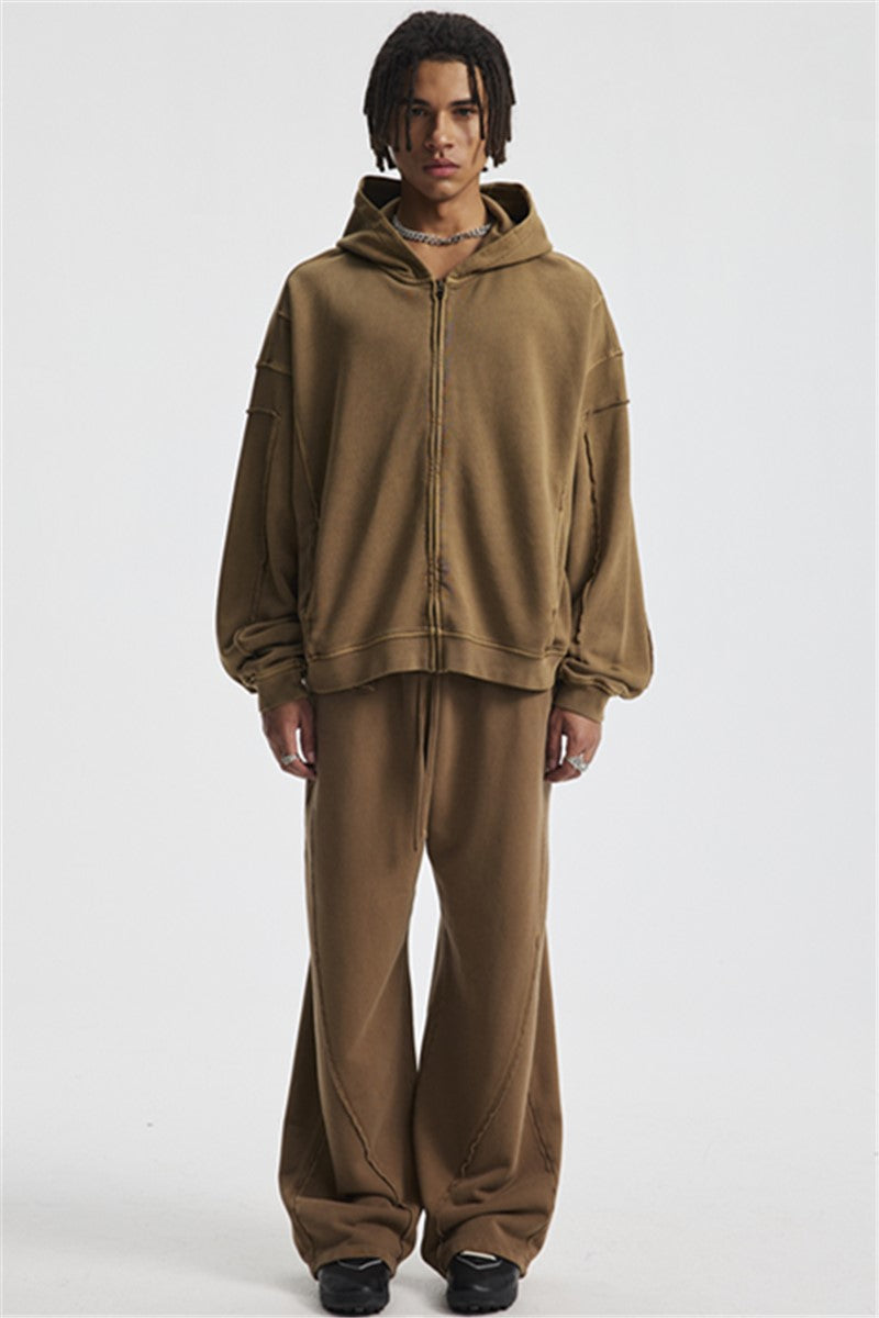 430GSM Boxy-Fit Washed Zip-Up Jacket with Spliced Detailing