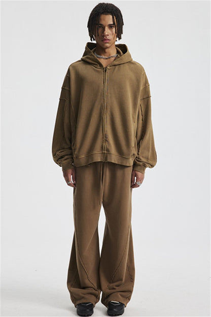 430GSM Boxy-Fit Washed Zip-Up Jacket with Spliced Detailing