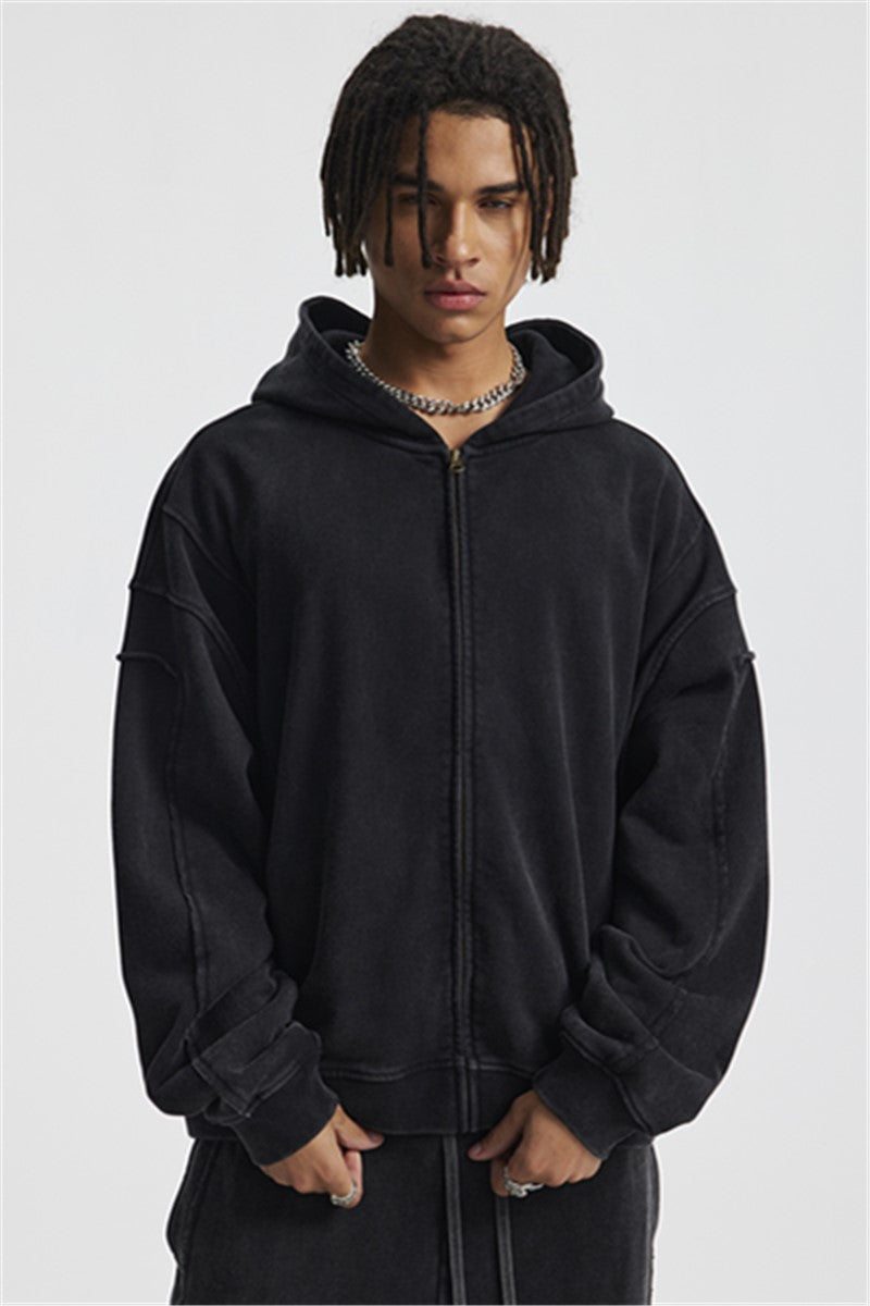 430GSM Boxy-Fit Washed Zip-Up Jacket with Spliced Detailing