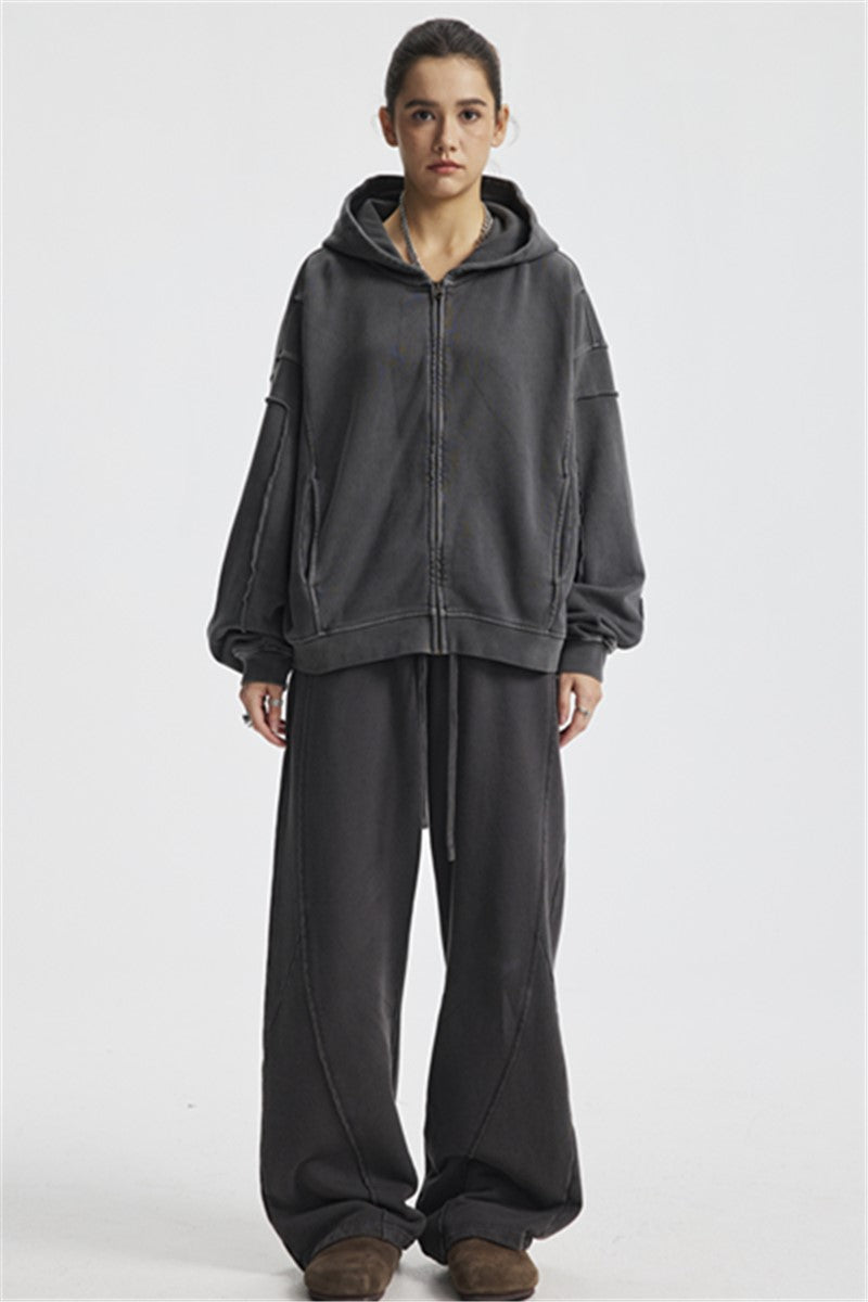 430GSM Boxy-Fit Washed Zip-Up Jacket with Spliced Detailing