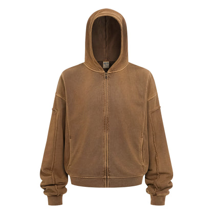 430GSM Boxy-Fit Washed Zip-Up Jacket with Spliced Detailing