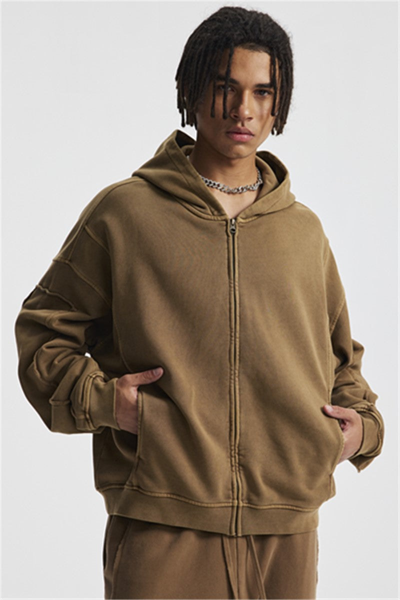 430GSM Boxy-Fit Washed Zip-Up Jacket with Spliced Detailing